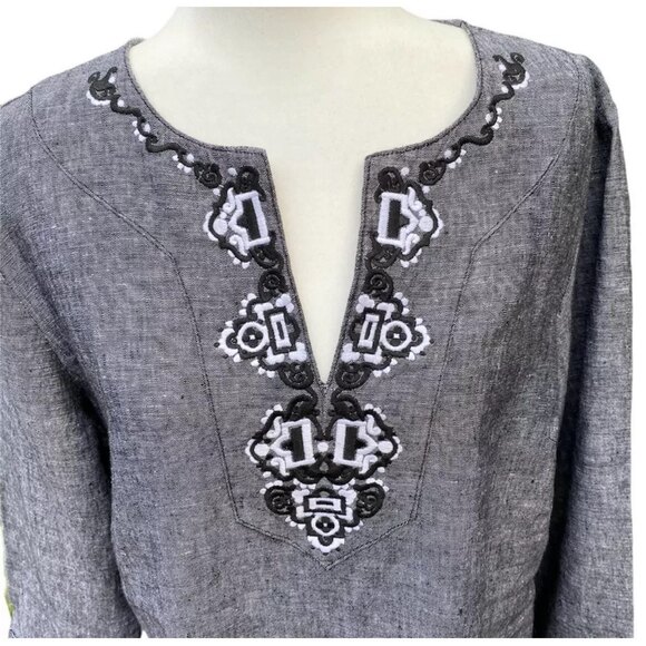 JM Collection Linen Tunic L Black White Embroidered 3/4 Sleeve Resort Boho - Picture 3 of 9